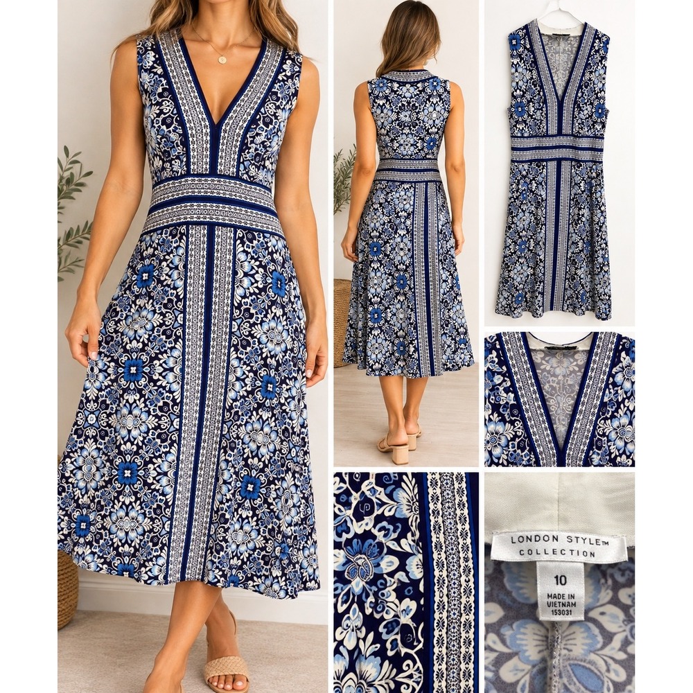 London Style Collection Blue Floral Medallion V-Neck Midi Dress Size 10